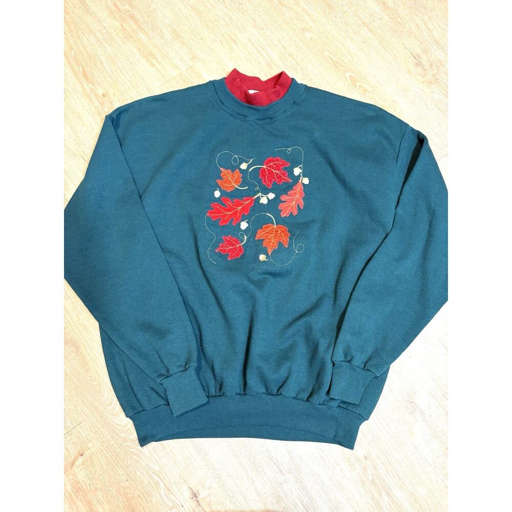 Vtg 90s Embroidered Leaves Sweatshirt XL Nature Fall Art Vaporwave 80s Granny